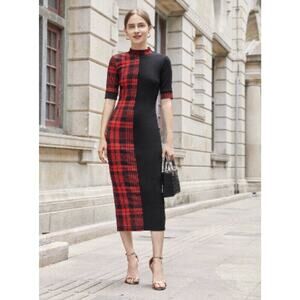 Shein Black & Red Plaid Mock Neck Split Hem Pencil Dress Size XS